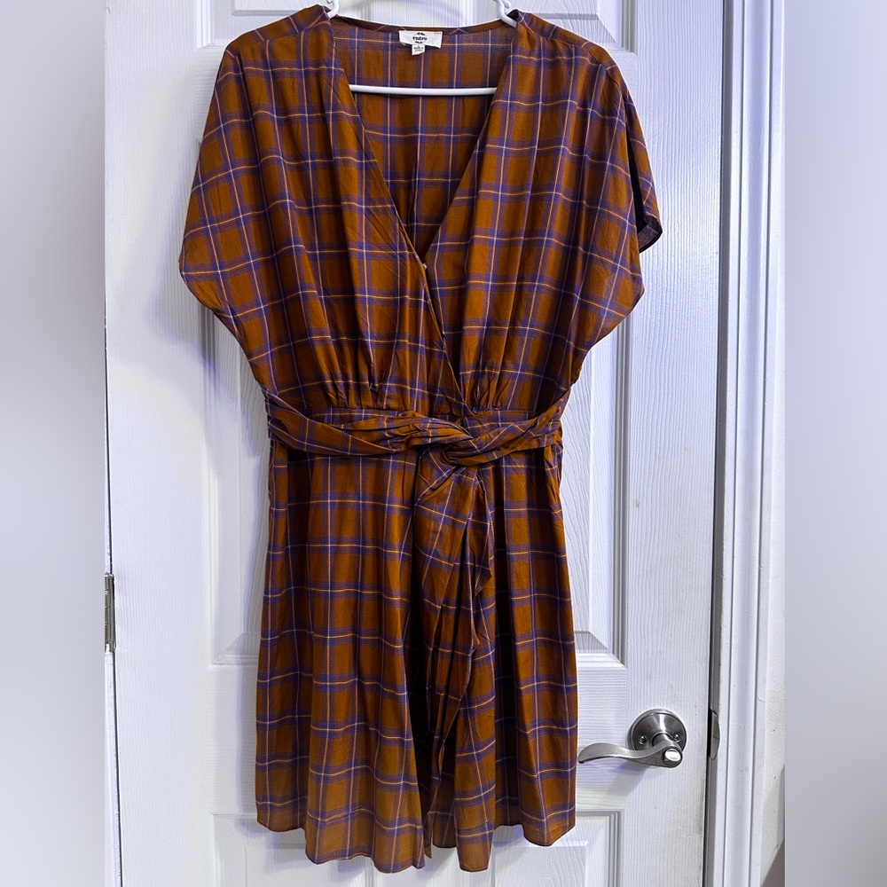 Entro Brown and Blue Wrap Midi Dress with Dolman Sleeves
